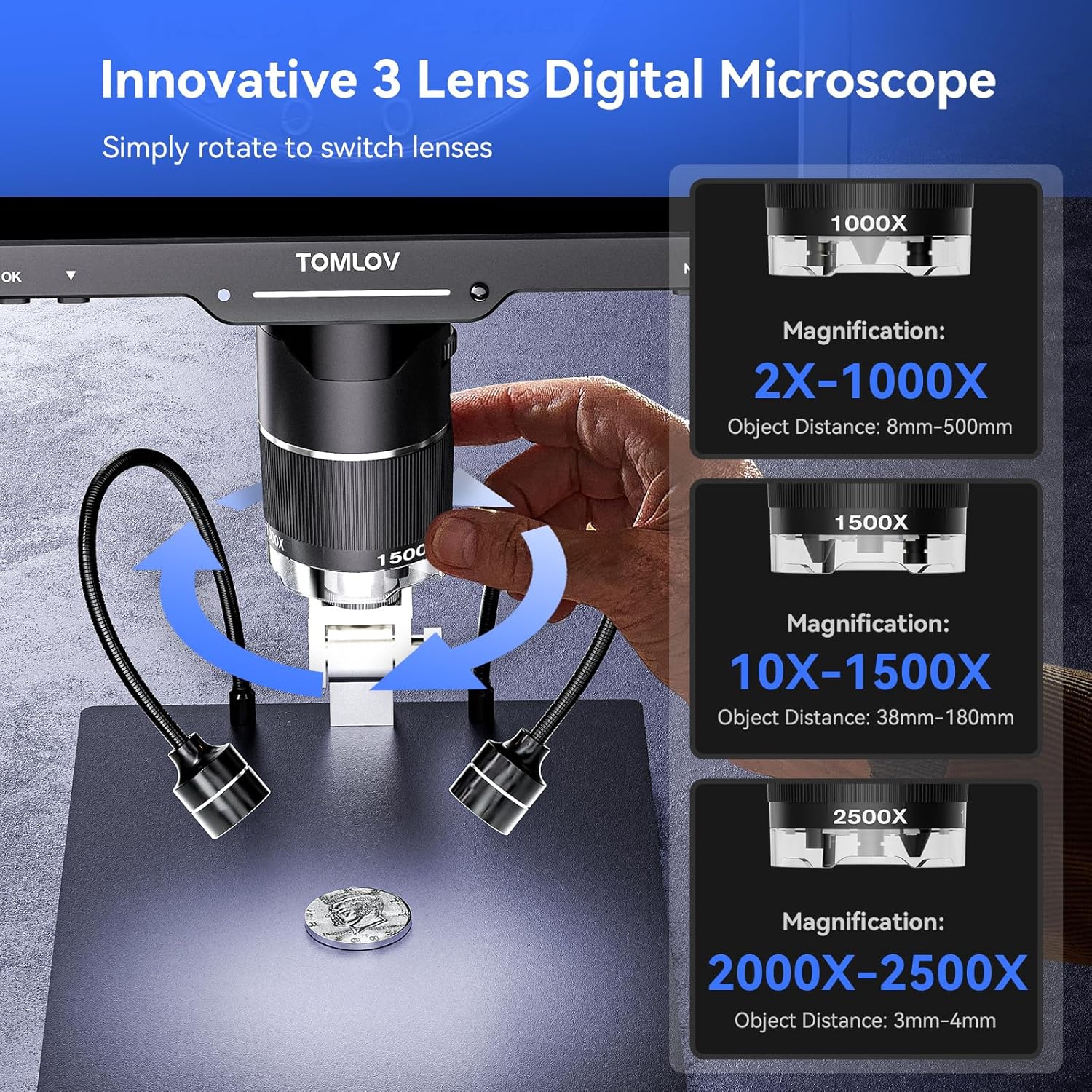 TOMLOV 3レンズデジタル顕微鏡 2500倍 2K HD - Electronics Repair Videos のレビューと価格